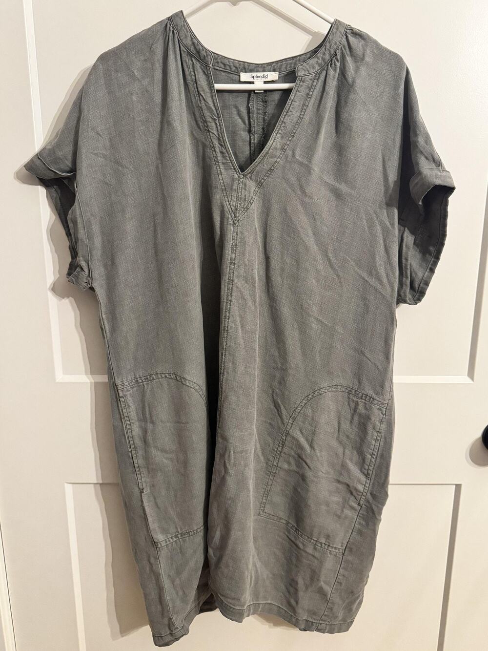Splendid Dress Sz XL Gray Lyocell Linen Short Sleeve V Neck LagenLook Comfy